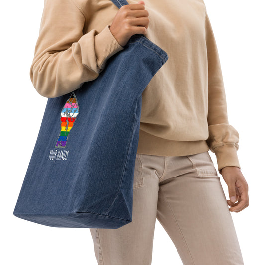 Lift Up Your Hands organic denim tote bag